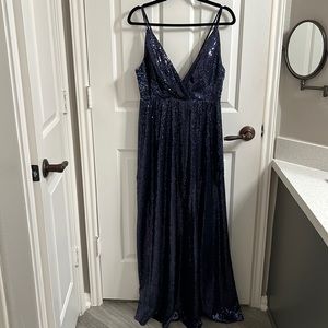 Navy sequin a line evening gown